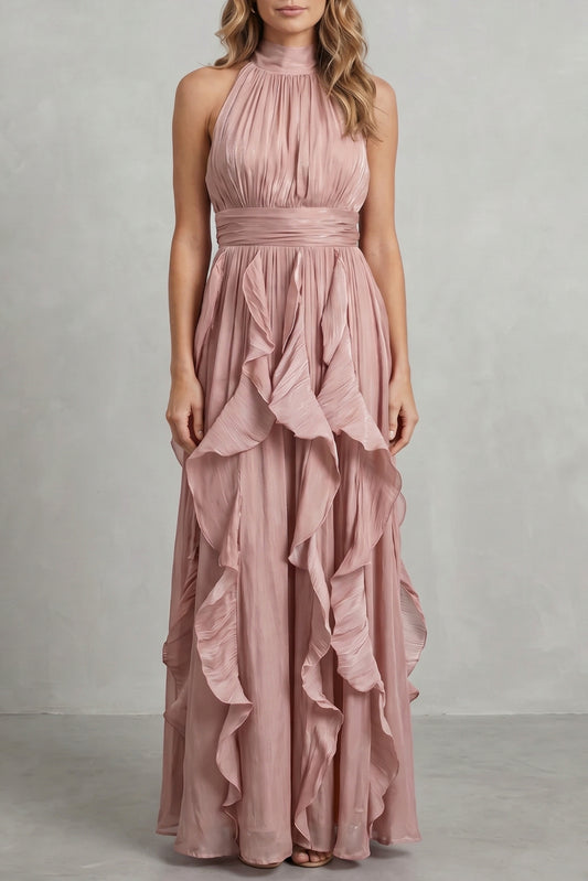 Chiffon Halter Pleated Maxi Dress