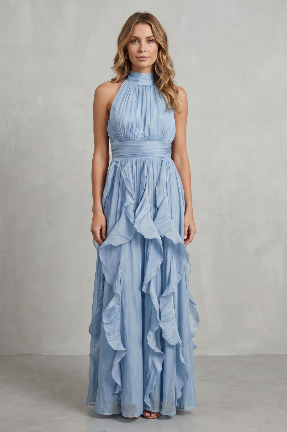 Chiffon Halter Pleated Maxi Dress