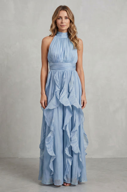 Chiffon Halter Pleated Maxi Dress