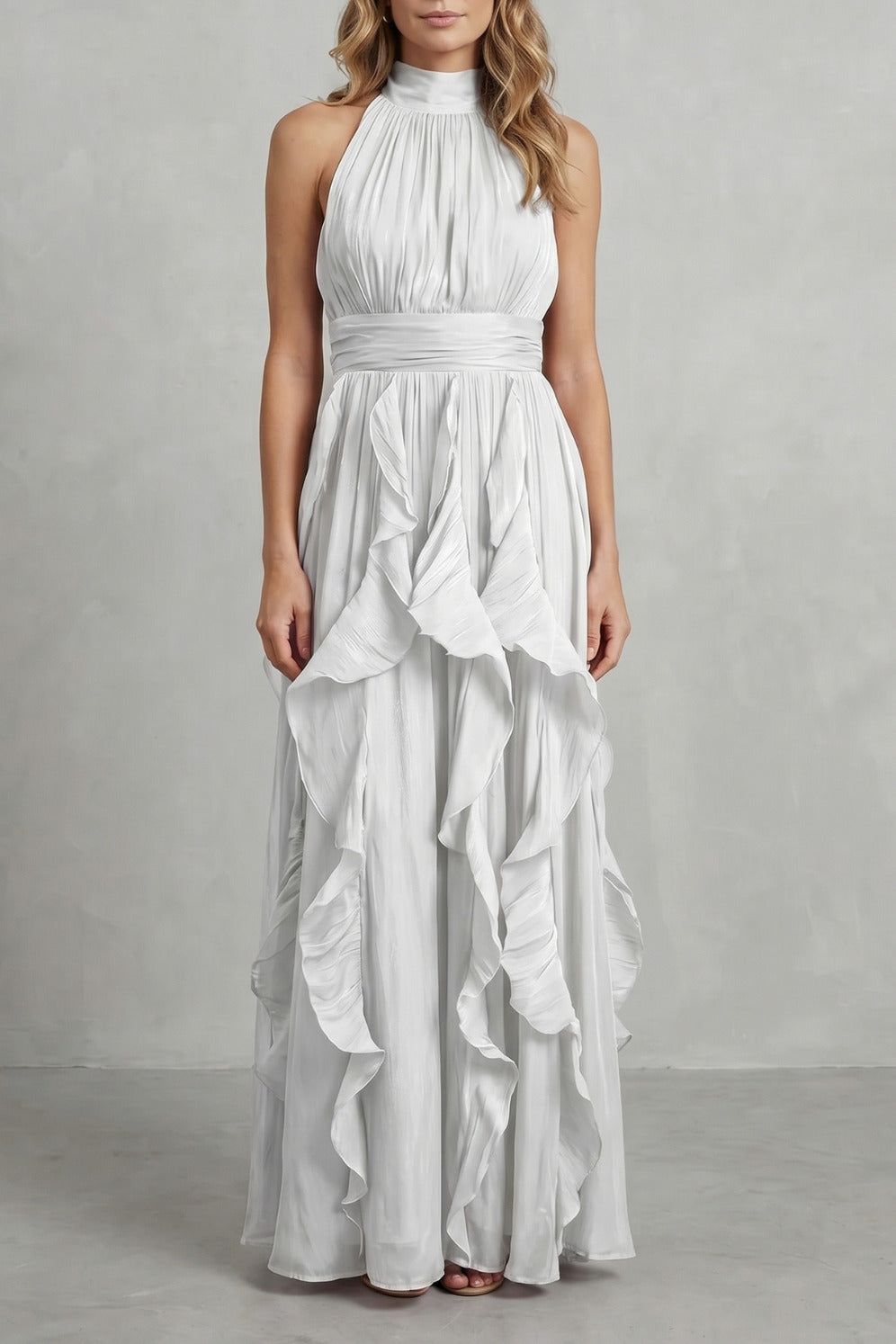 Chiffon Halter Pleated Maxi Dress