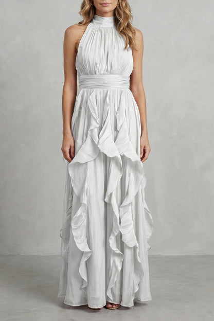 Chiffon Halter Pleated Maxi Dress