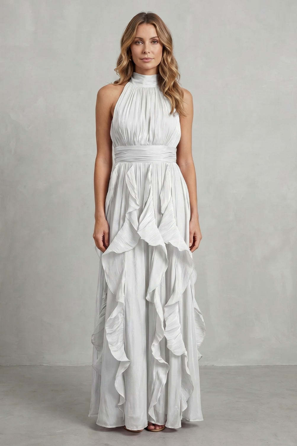 Chiffon Halter Pleated Maxi Dress