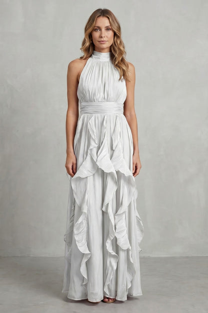 Chiffon Halter Pleated Maxi Dress
