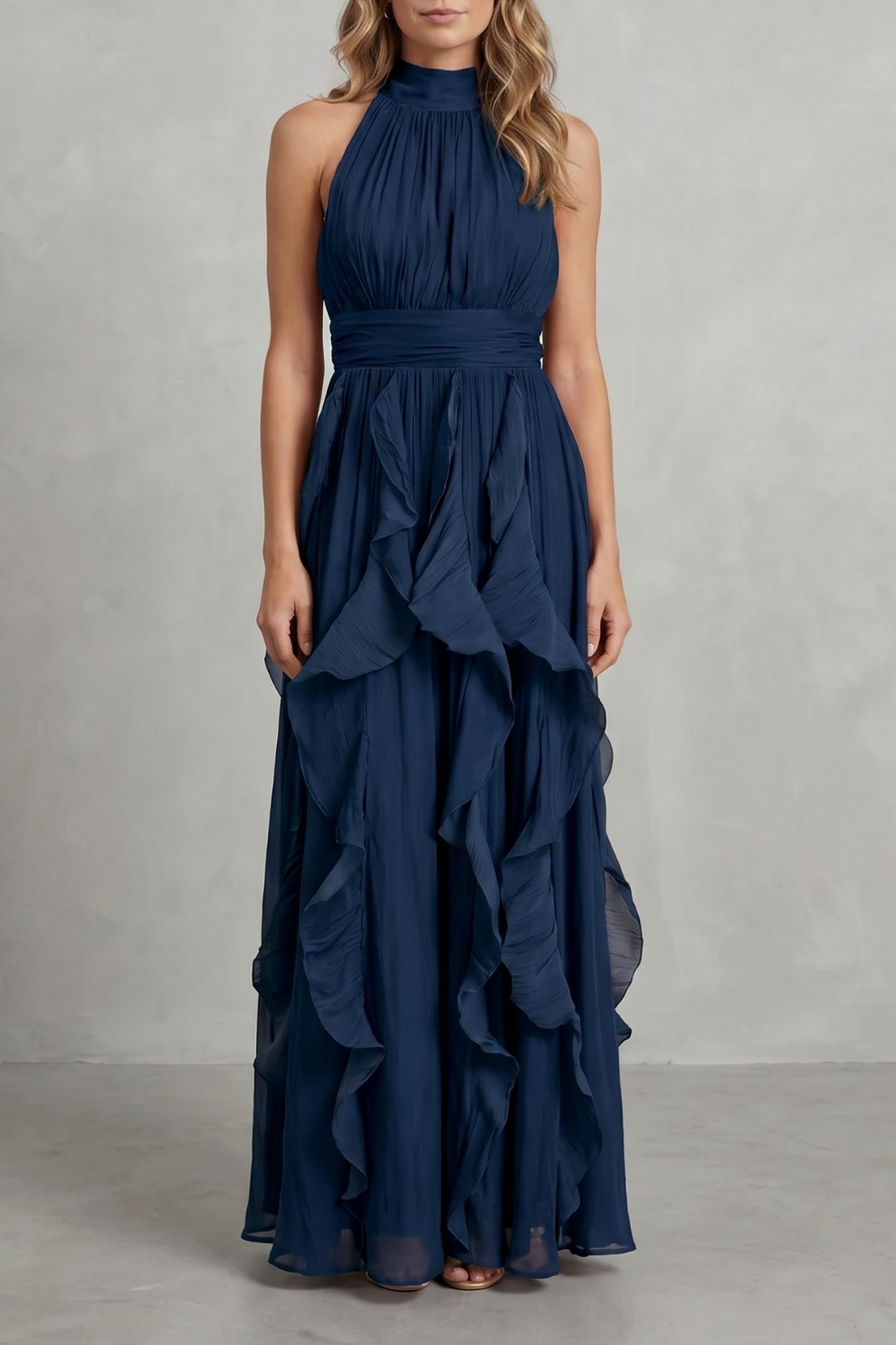 Chiffon Halter Pleated Maxi Dress