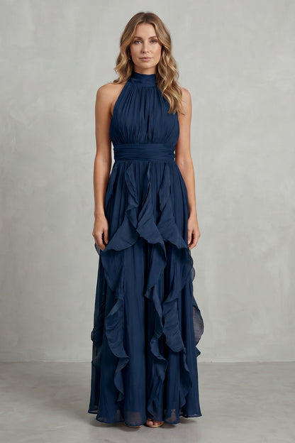 Chiffon Halter Pleated Maxi Dress