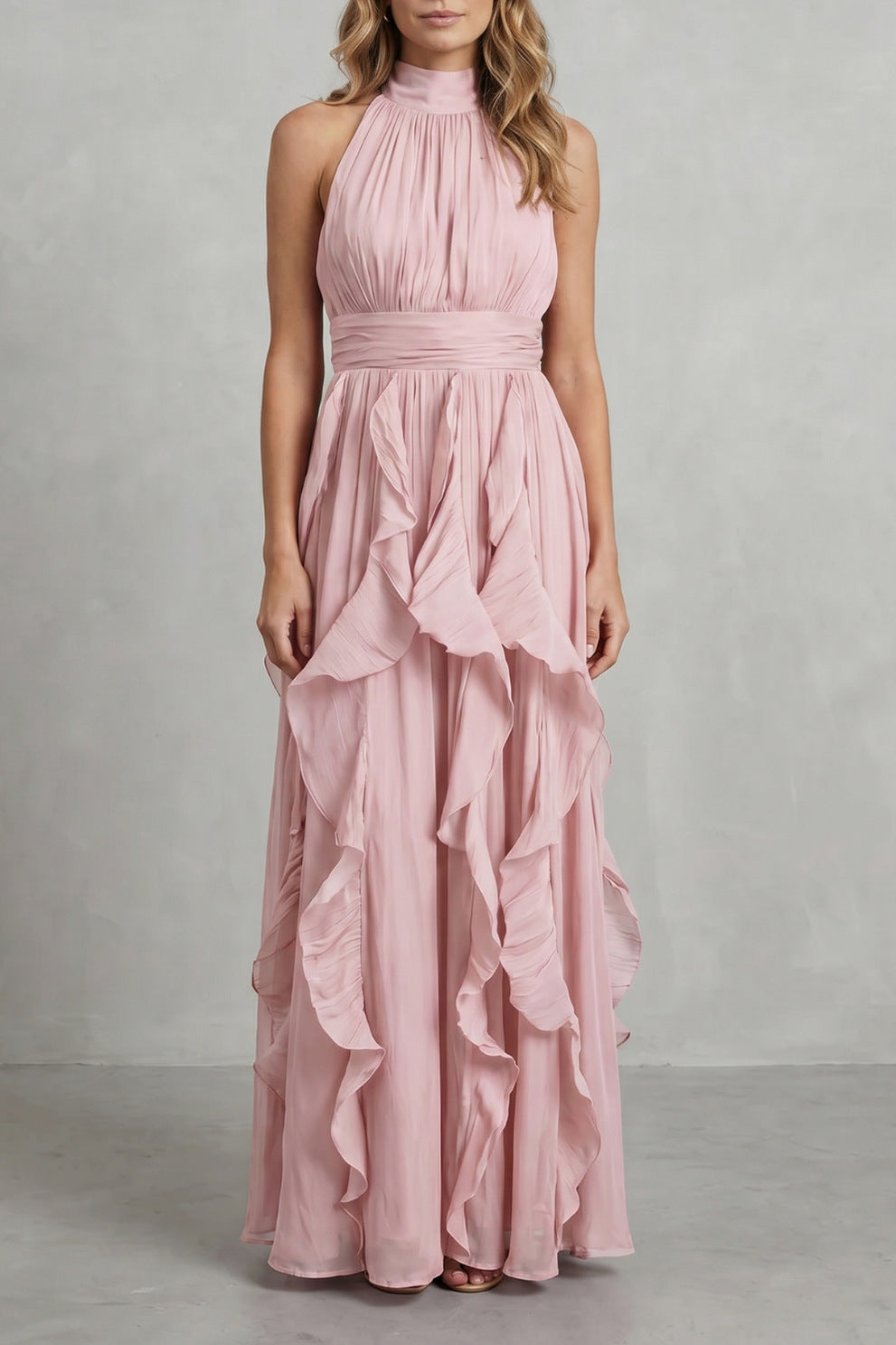 Chiffon Halter Pleated Maxi Dress
