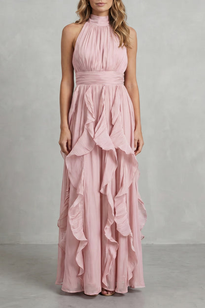Chiffon Halter Pleated Maxi Dress