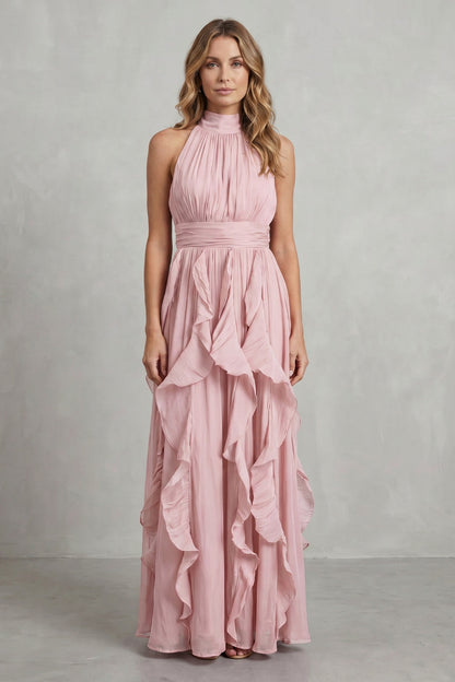 Chiffon Halter Pleated Maxi Dress