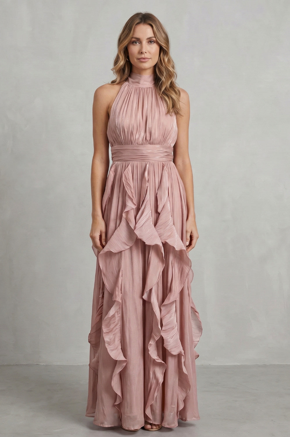 Chiffon Halter Pleated Maxi Dress