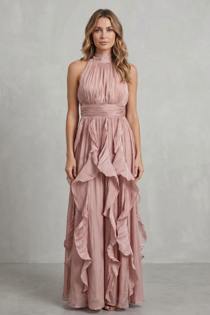 Chiffon Halter Pleated Maxi Dress