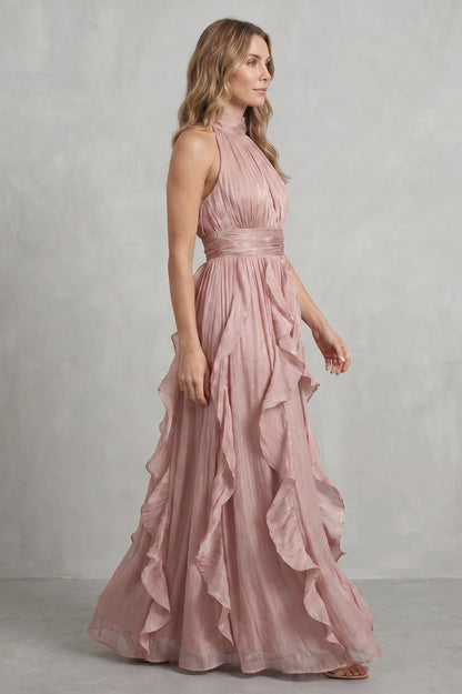 Chiffon Halter Pleated Maxi Dress