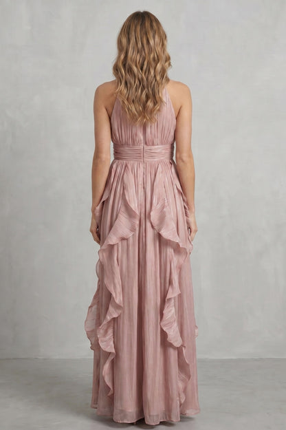 Chiffon Halter Pleated Maxi Dress