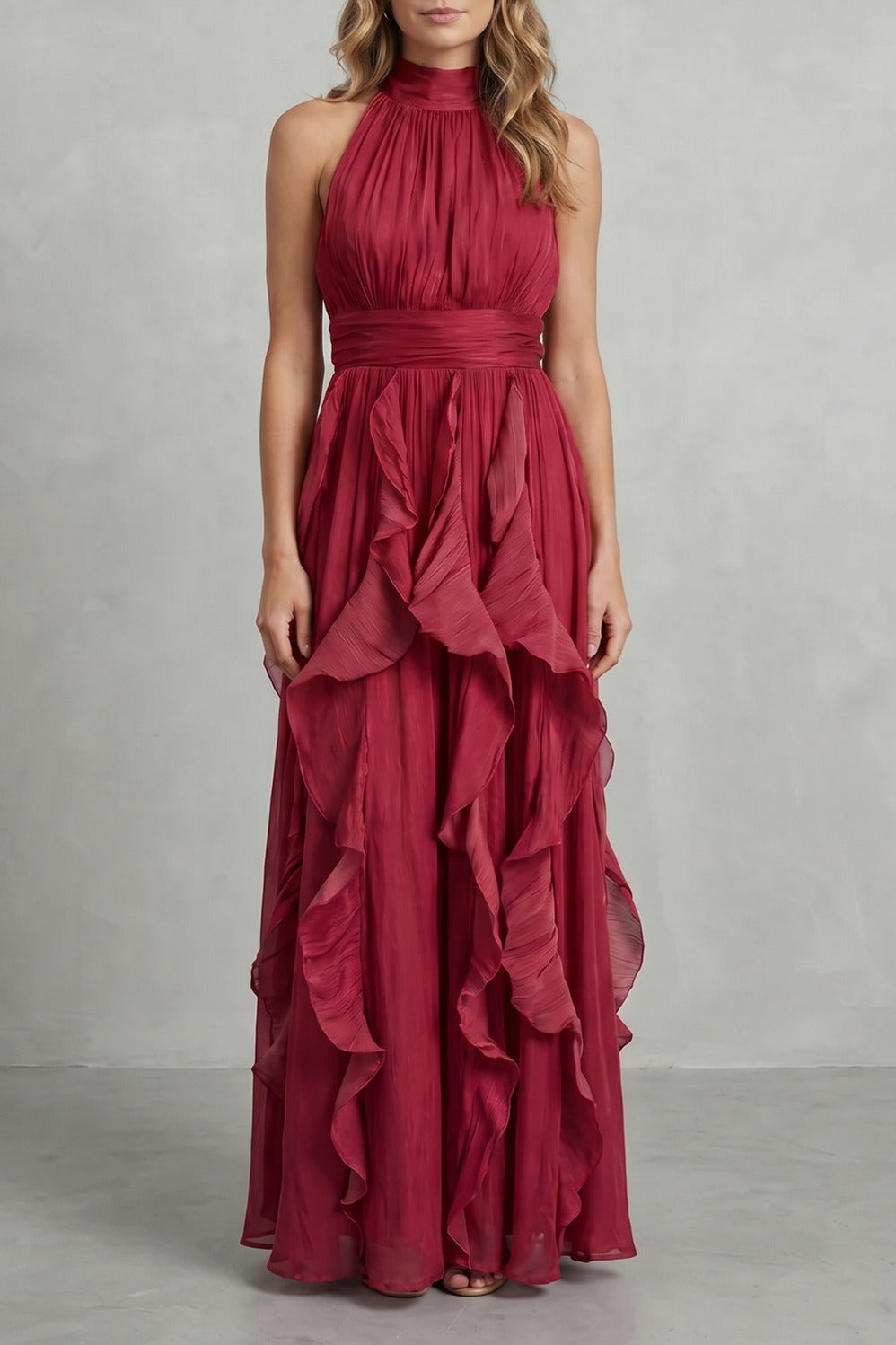 Chiffon Halter Pleated Maxi Dress