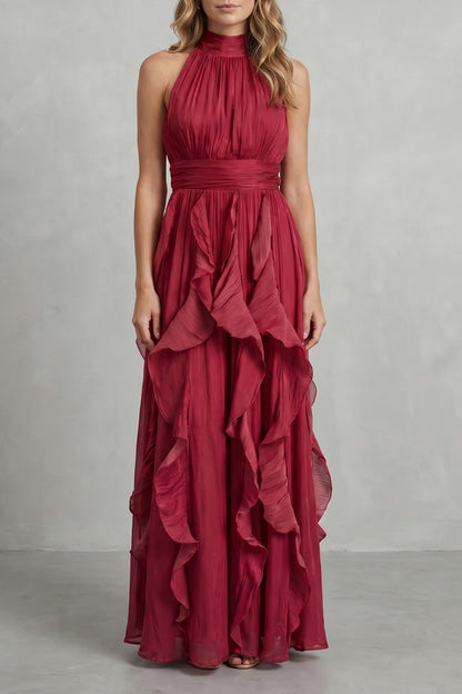 Chiffon Halter Pleated Maxi Dress