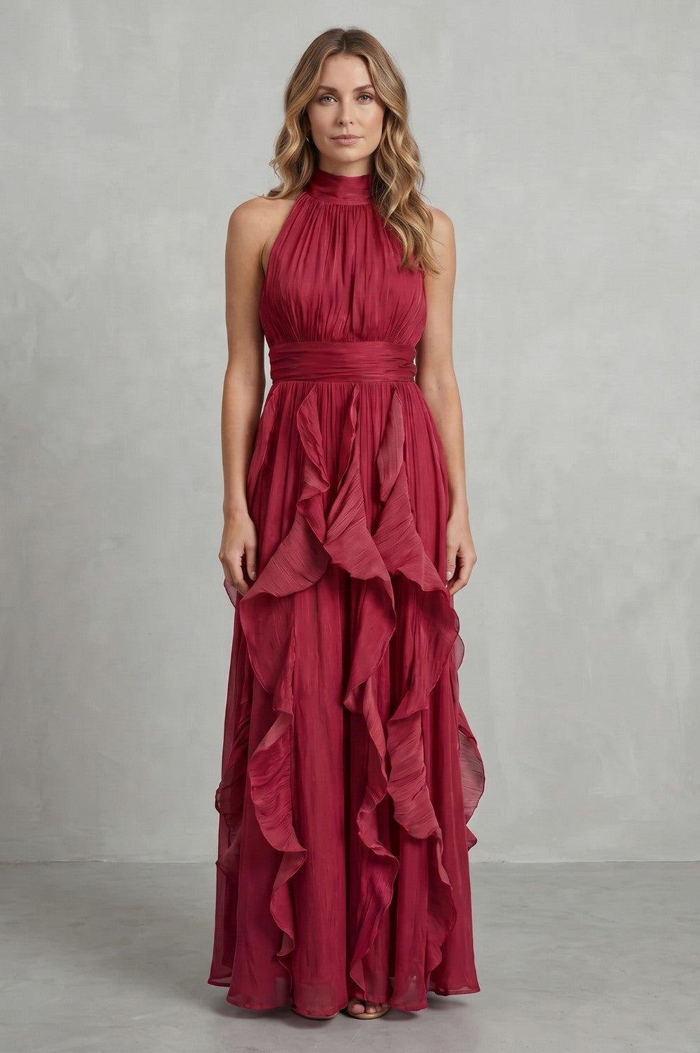 Chiffon Halter Pleated Maxi Dress