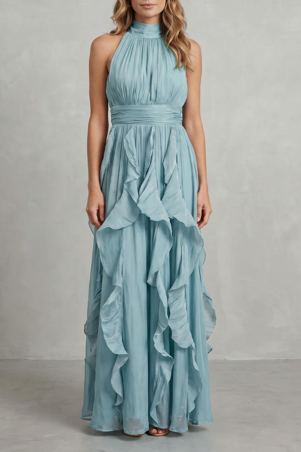Chiffon Halter Pleated Maxi Dress