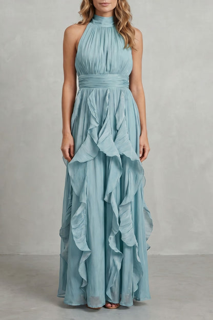Chiffon Halter Pleated Maxi Dress
