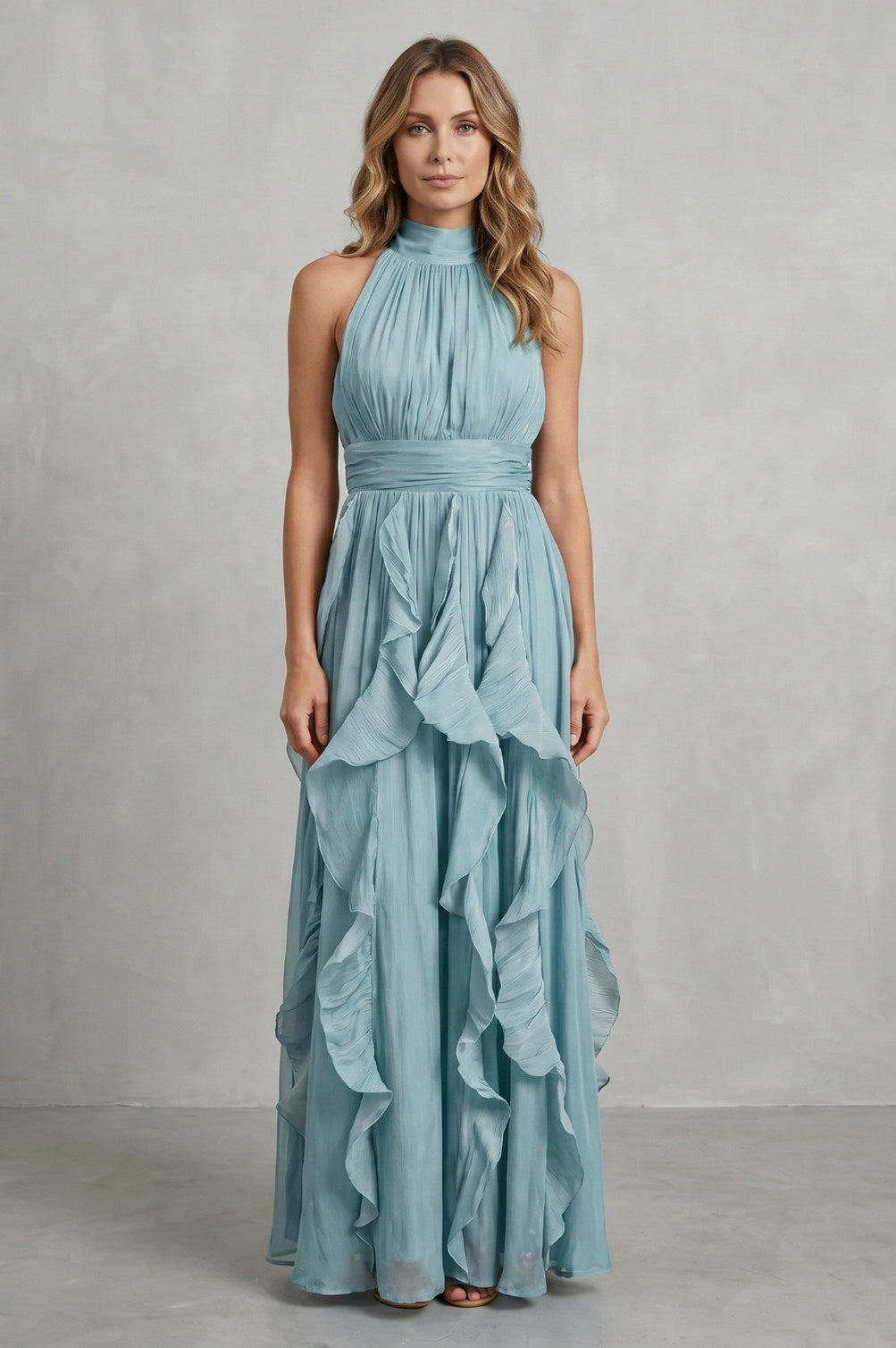 Chiffon Halter Pleated Maxi Dress