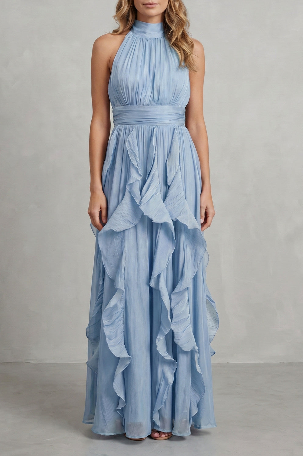 Chiffon Halter Pleated Maxi Dress