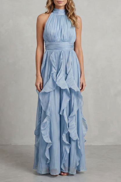 Chiffon Halter Pleated Maxi Dress