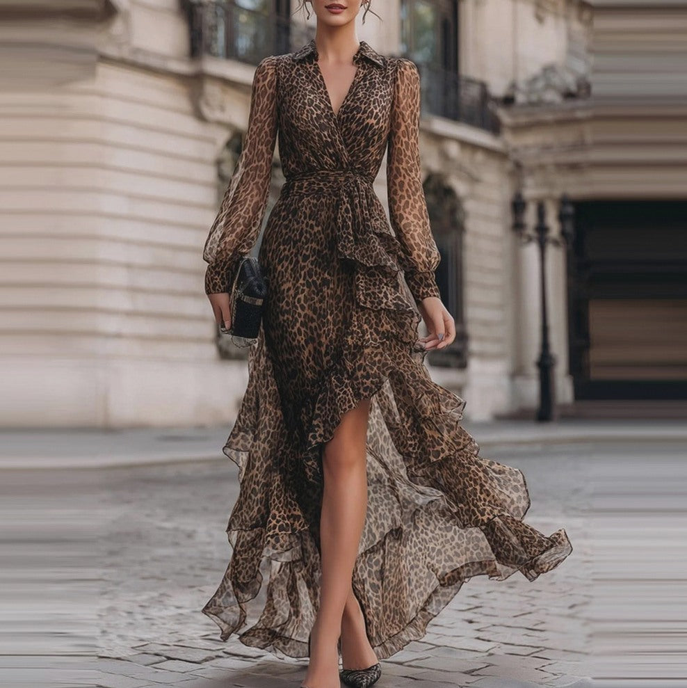 Chiffon Leopard Print Long Sleeve Maxi Dress