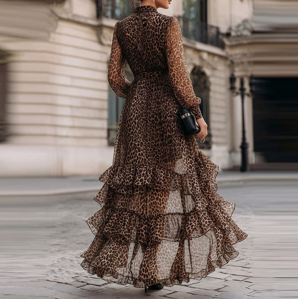 Chiffon Leopard Print Long Sleeve Maxi Dress