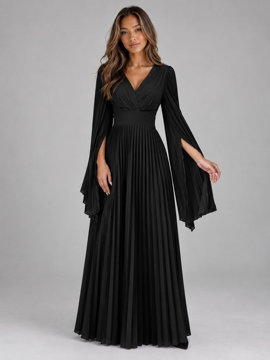 Chiffon Long Sleeve Pleated Maxi Dress