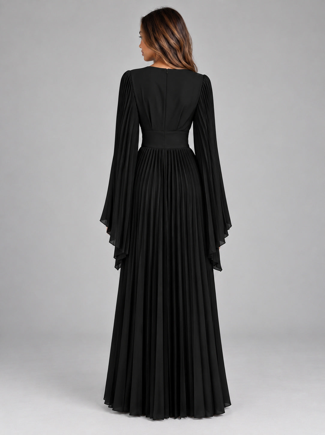 Chiffon Long Sleeve Pleated Maxi Dress