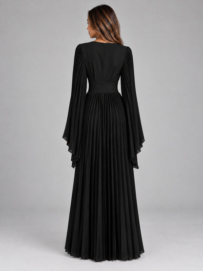 Chiffon Long Sleeve Pleated Maxi Dress
