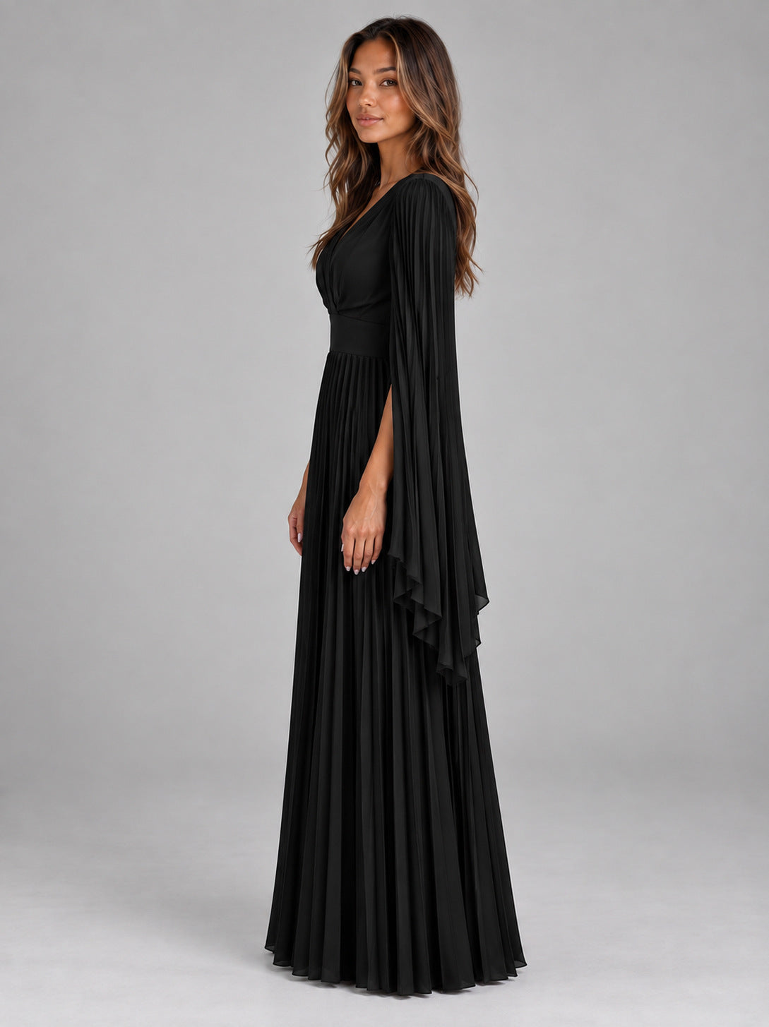 Chiffon Long Sleeve Pleated Maxi Dress