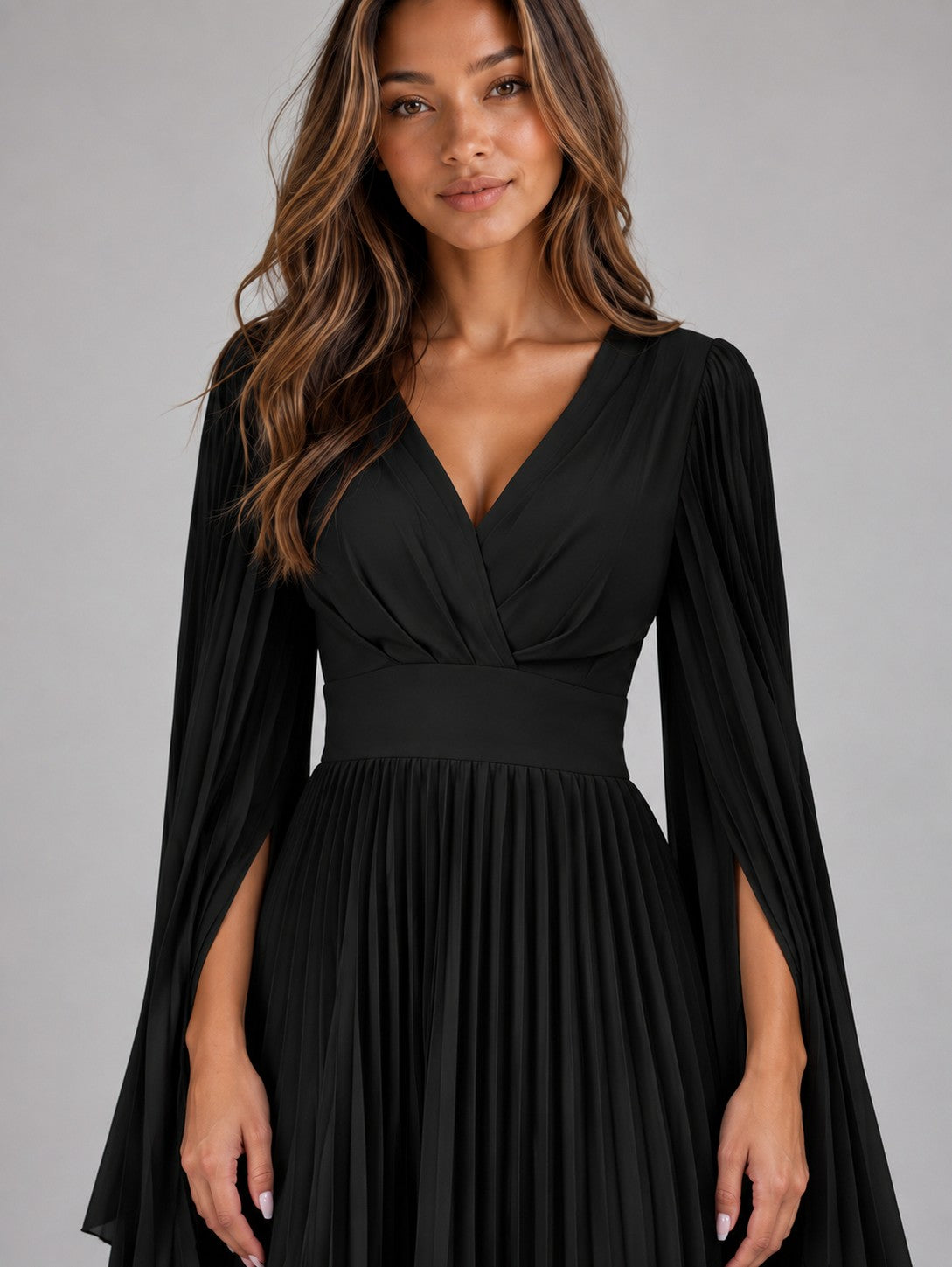 Chiffon Long Sleeve Pleated Maxi Dress