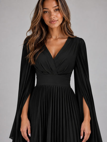 Chiffon Long Sleeve Pleated Maxi Dress