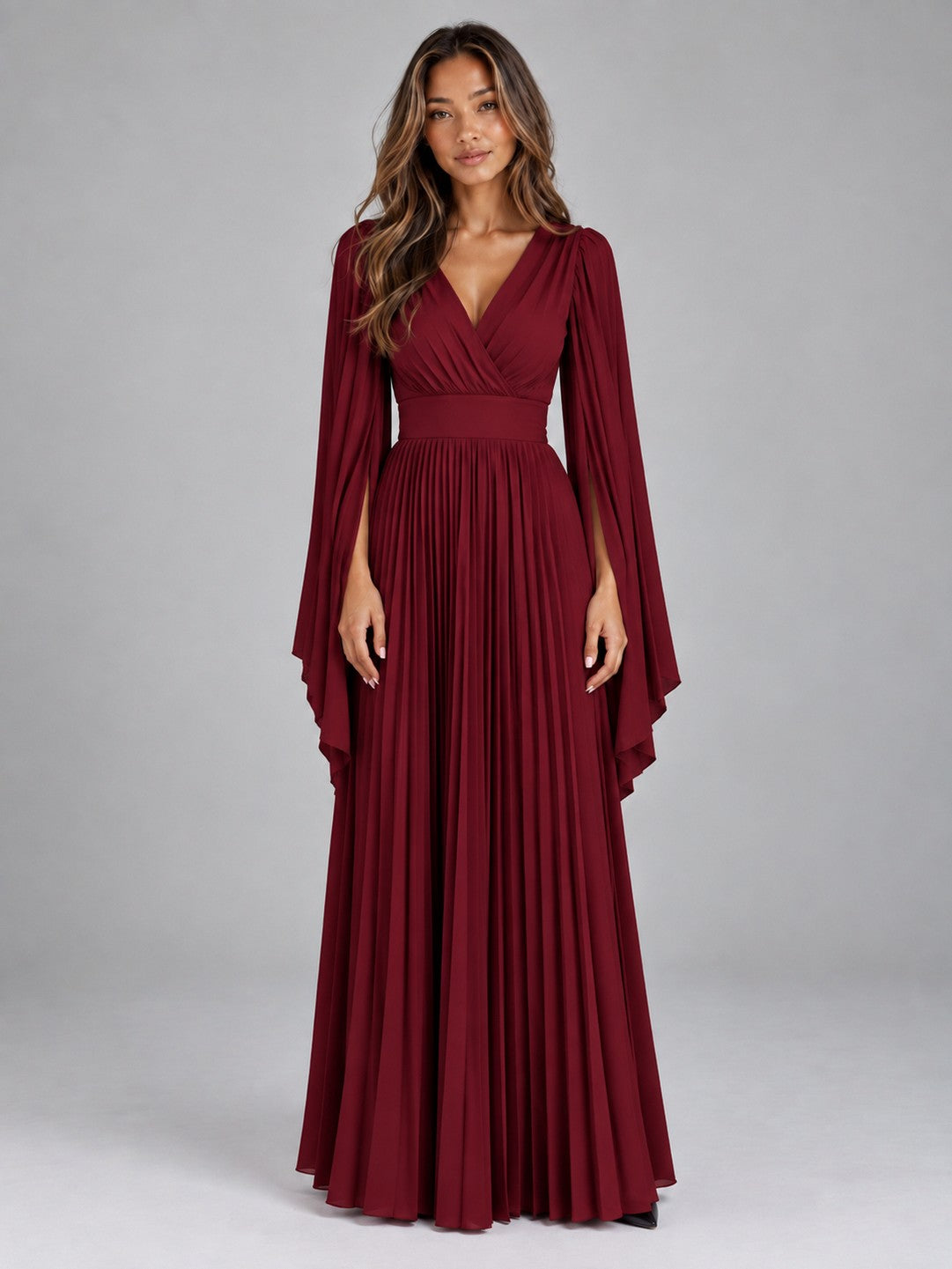 Chiffon Long Sleeve Pleated Maxi Dress