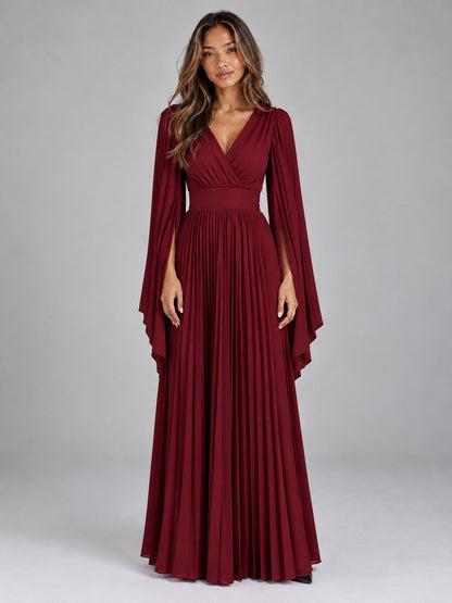 Chiffon Long Sleeve Pleated Maxi Dress