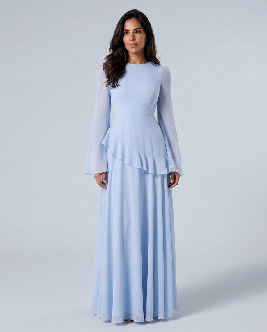 Chiffon Long Sleeve Ruffle Maxi Dress