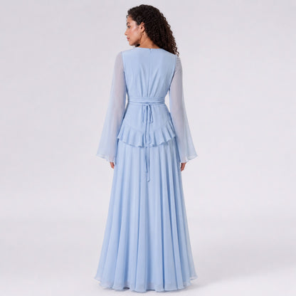 Chiffon Long Sleeve Ruffle Maxi Dress