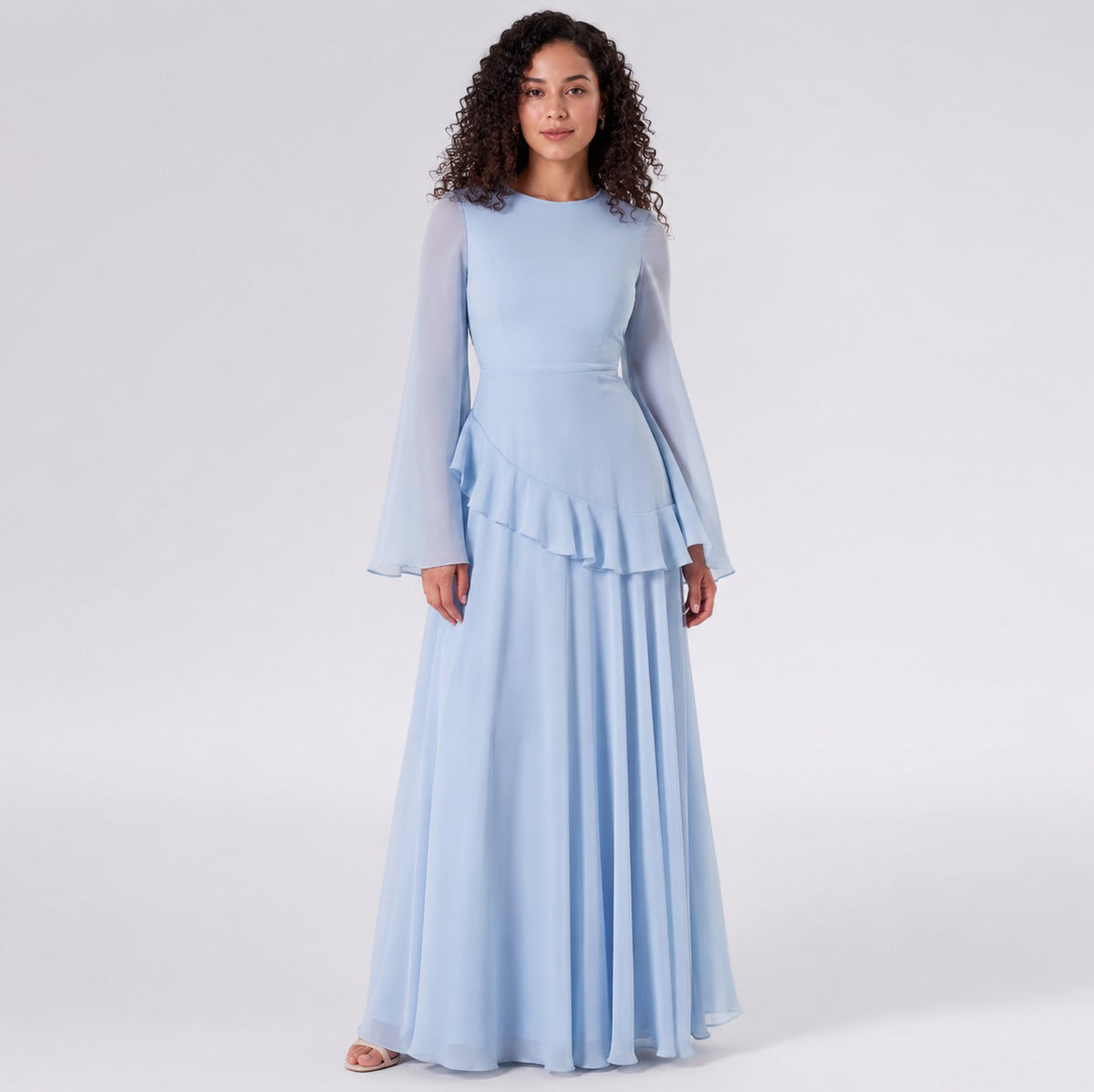 Chiffon Long Sleeve Ruffle Maxi Dress