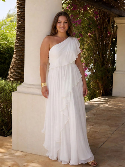 Chiffon One Shoulder Tiered Maxi Dress