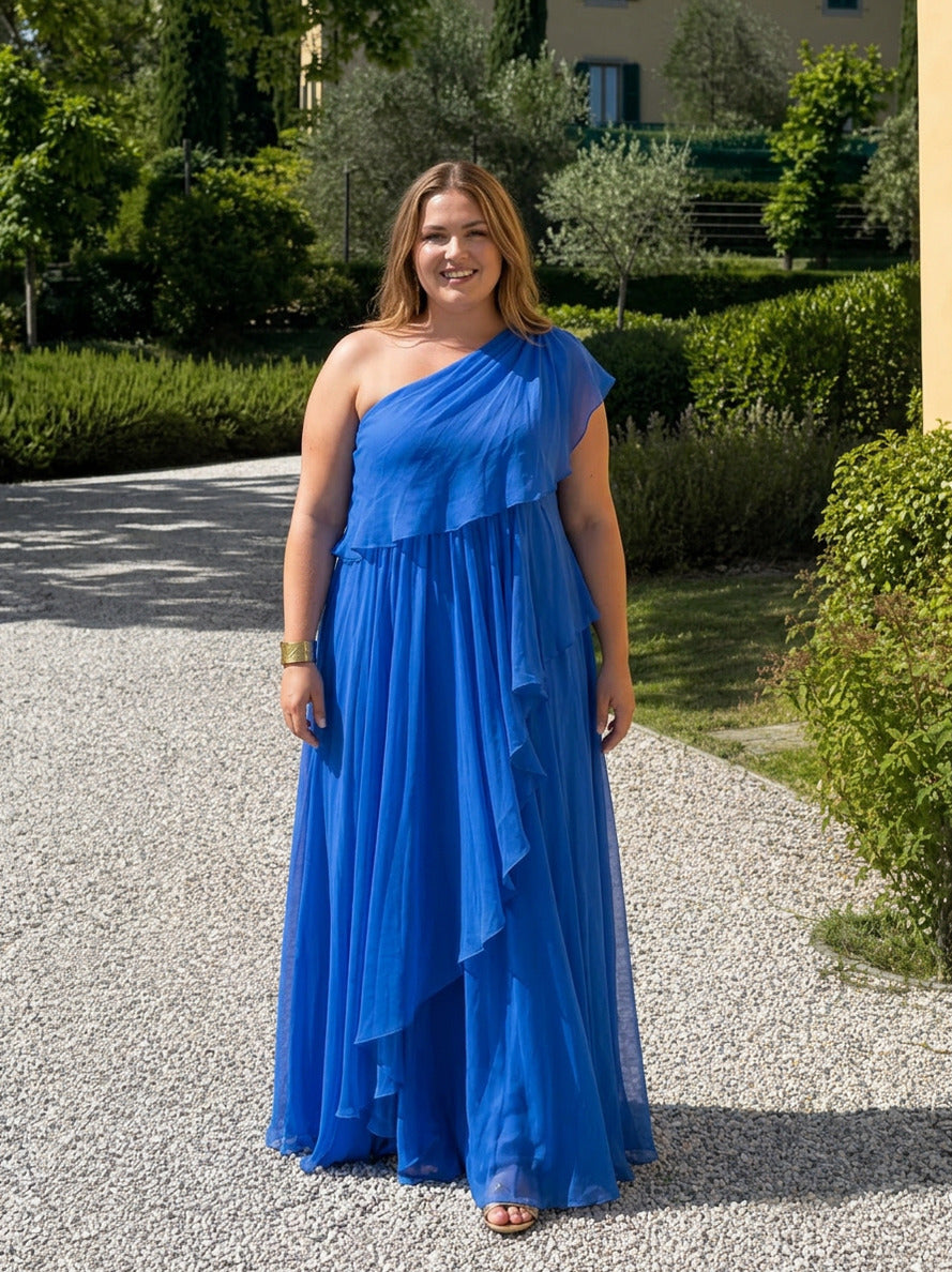 Chiffon One Shoulder Tiered Maxi Dress