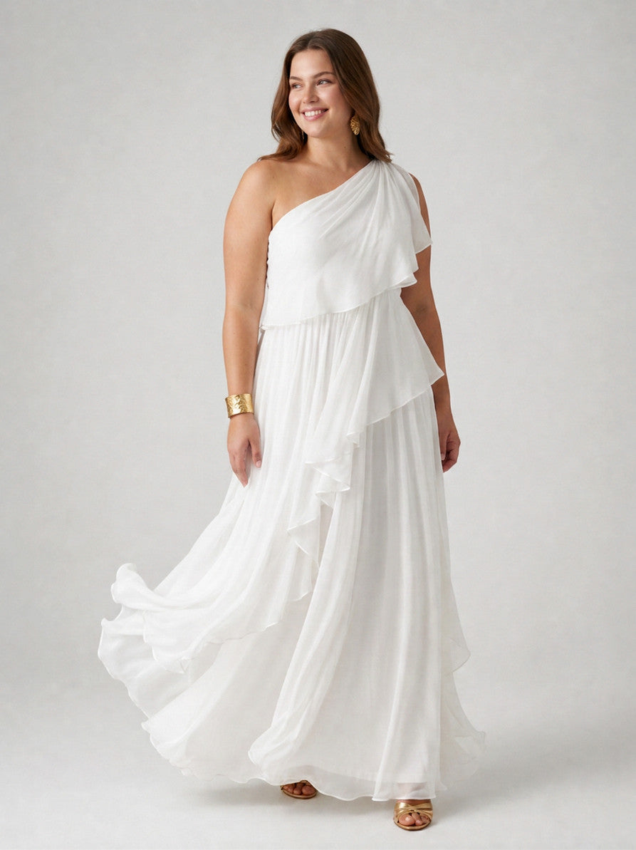 Chiffon One Shoulder Tiered Maxi Dress