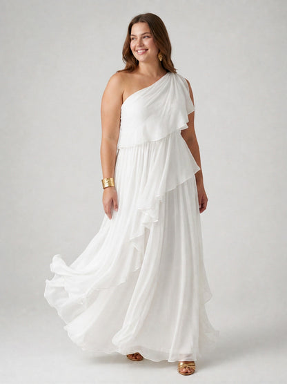 Chiffon One Shoulder Tiered Maxi Dress