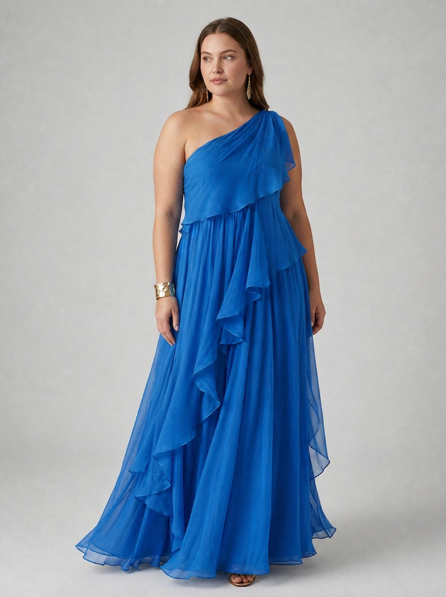 Chiffon One Shoulder Tiered Maxi Dress