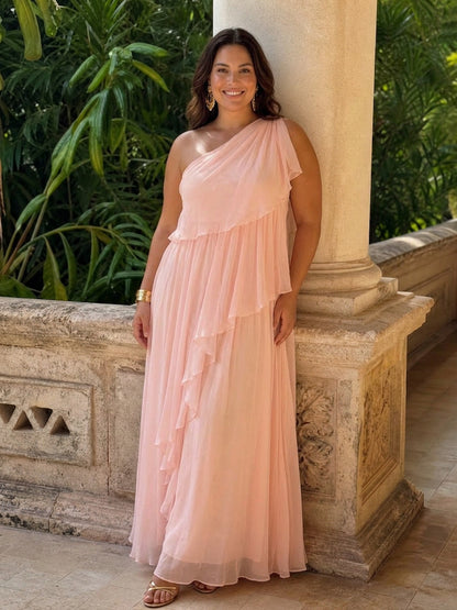Chiffon One Shoulder Tiered Maxi Dress