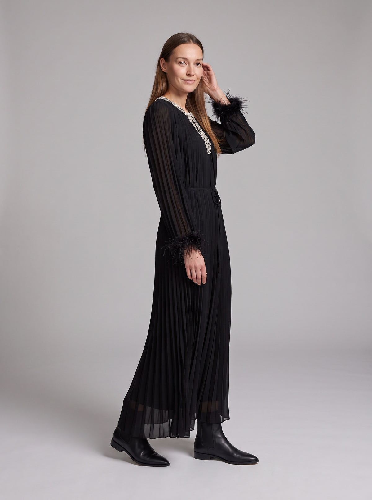 Chiffon Pleated Long Sleeve Maxi Dress