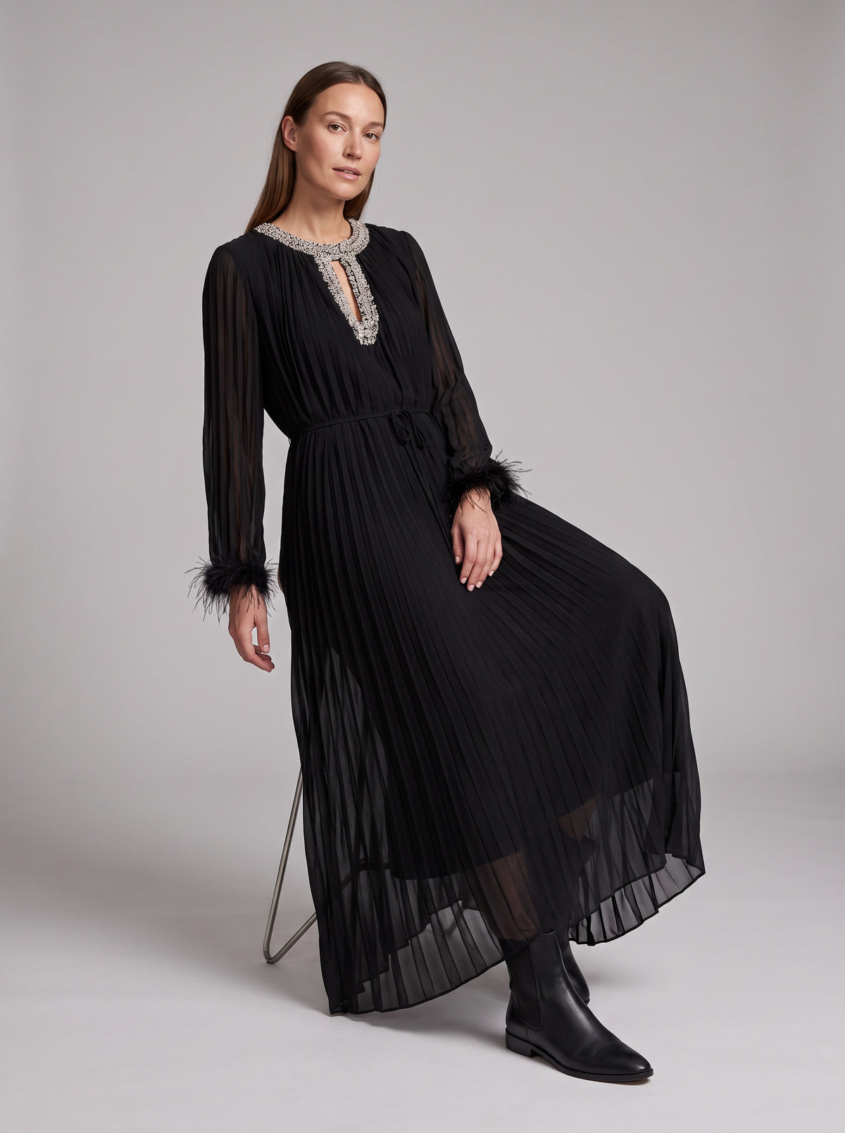 Chiffon Pleated Long Sleeve Maxi Dress