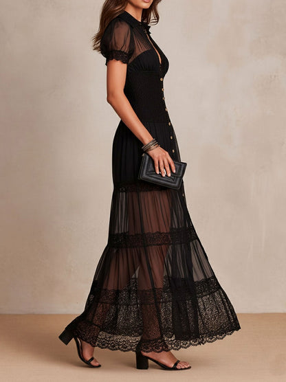 Chiffon Puff Sleeve Lace Trim Maxi Dress