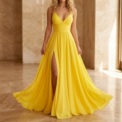 Chiffon Ruched High Slit Maxi Dress
