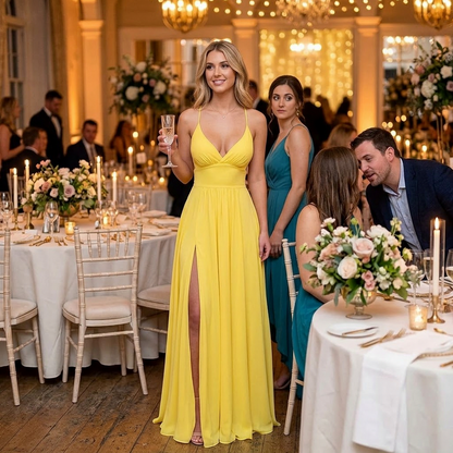 Chiffon Ruched High Slit Maxi Dress
