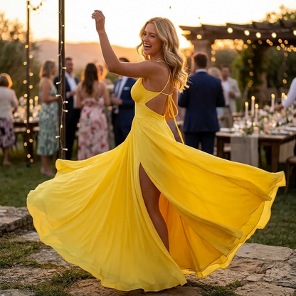 Chiffon Ruched High Slit Maxi Dress