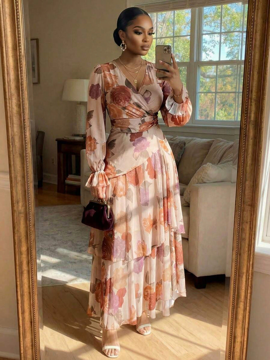 Chiffon Wrap Tiered Maxi Dress